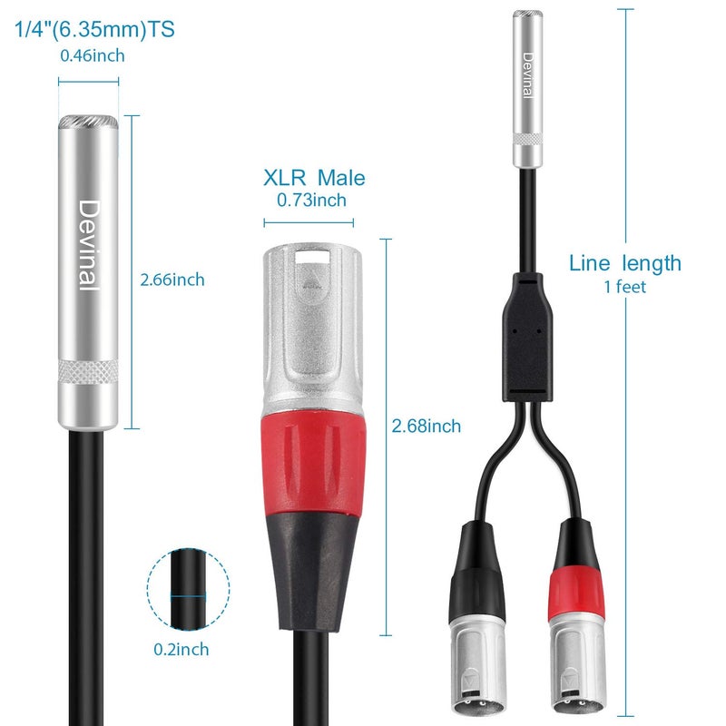 Devinal 1/4 inch Female to Dual XLR Breakout Cable, 6.35mm TRS to 2 XLR Male Audio Converter, 1FT Y Splitter Cord Wire - Image 2